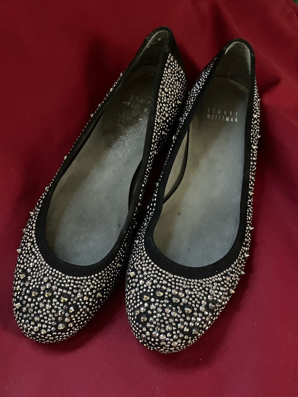 Stuart Weitzman Black Suede Flats With Gunmetal Studs